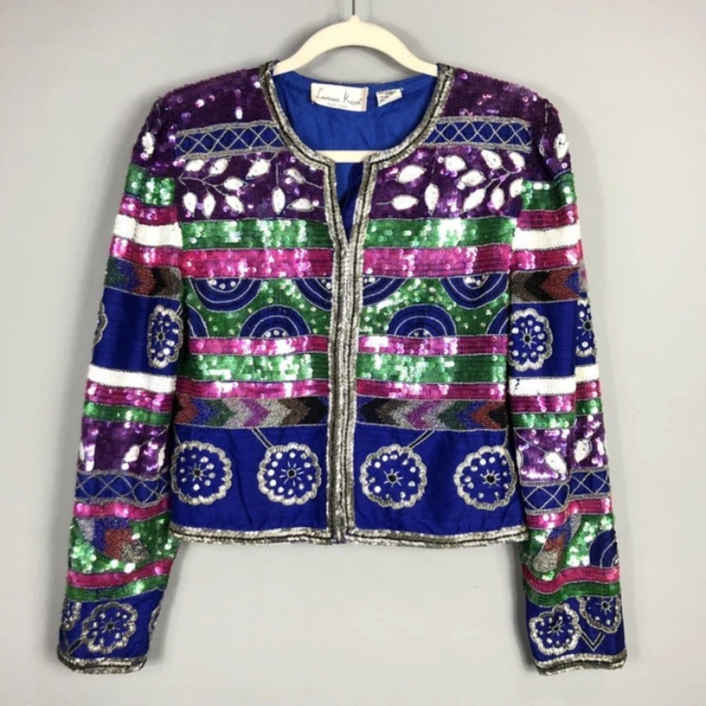VTG Laurence Kazar Beaded Sequins Silk Jacket M Multicolor Party Cocktail